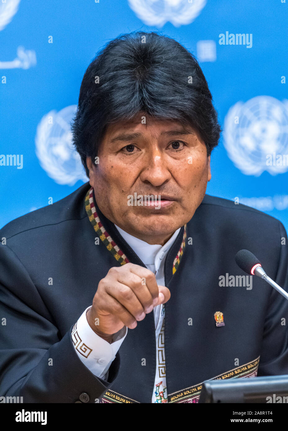 New York, USA,  22 September 2016.  Bolivian President Evo Morales resigned on November 10, 2019 after the military called for him to do so and allies abandoned him following a disputed election. Morales is seen at a press conference while attending the United Nations General Assembly in New York city in 2016.   Credit: Enrique Shore/Alamy Stock Photo Stock Photo