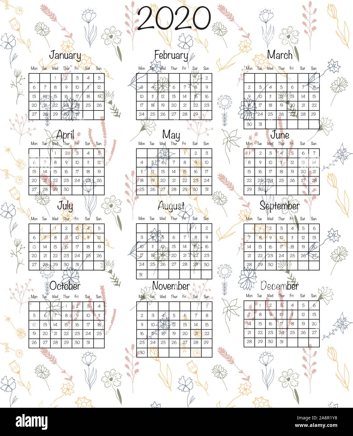 Calendar design for 20 in minimal simple hand drawn floral style ...