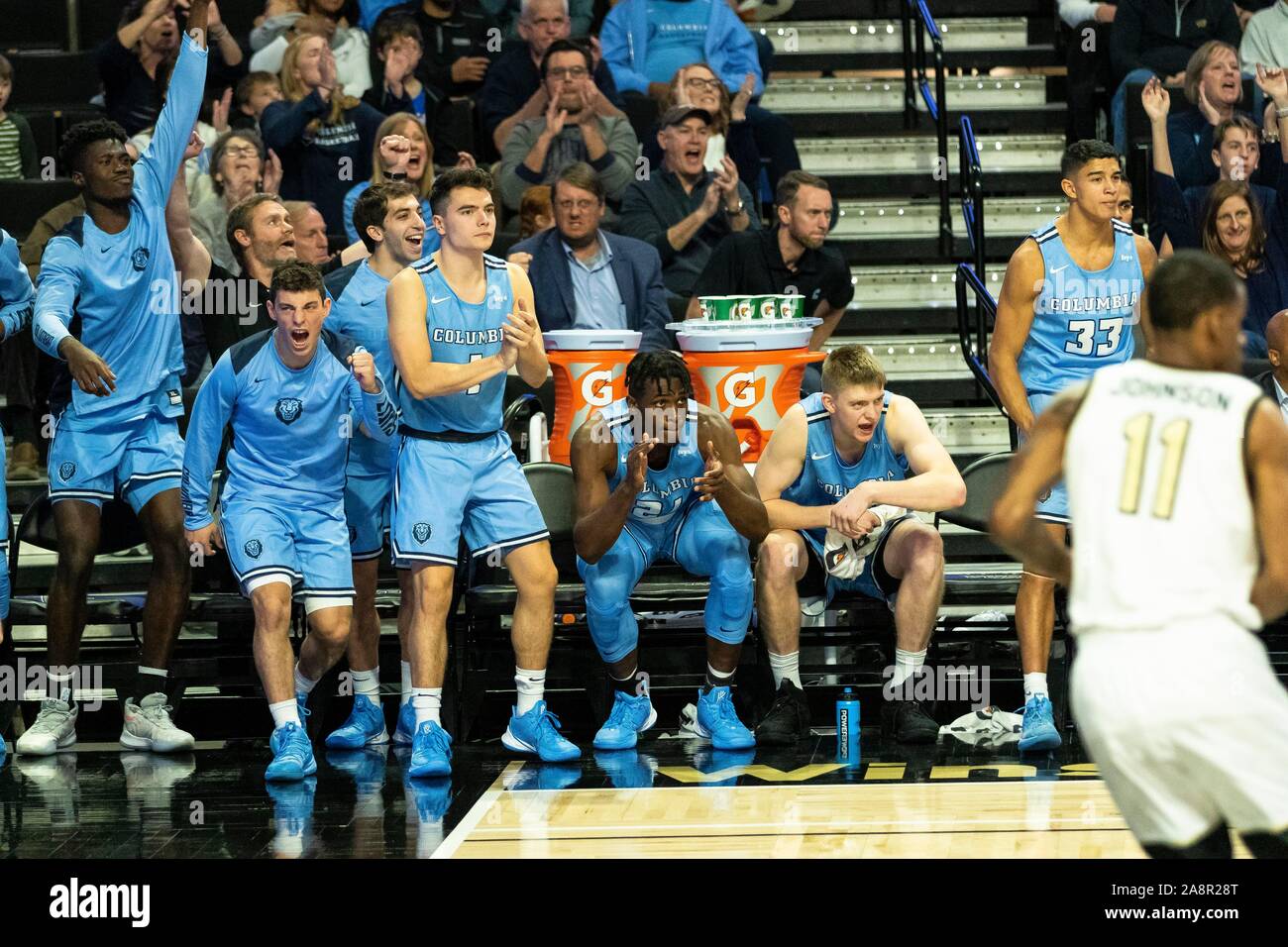 Winston-Salem, NC, USA. 10th Nov, 2019. Columbia Lions bench reacts to the  score in the NCAA Basketball matchup at LJVM Coliseum in Winston-Salem, NC.  (Scott Kinser/Cal Sport Media). Credit: csm/Alamy Live News