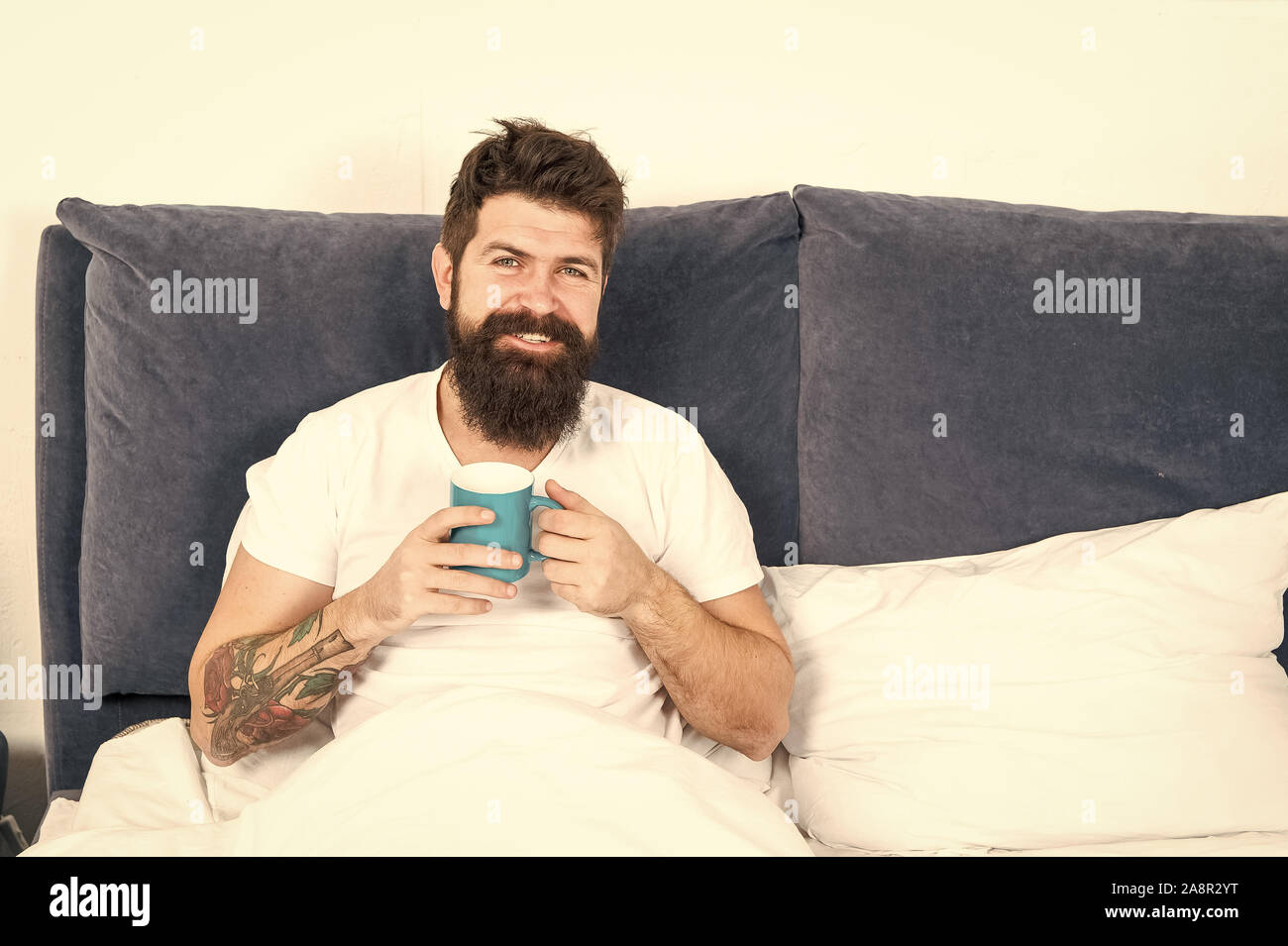 Bearded Guy Enjoy Morning Coffee Tune In To New Day