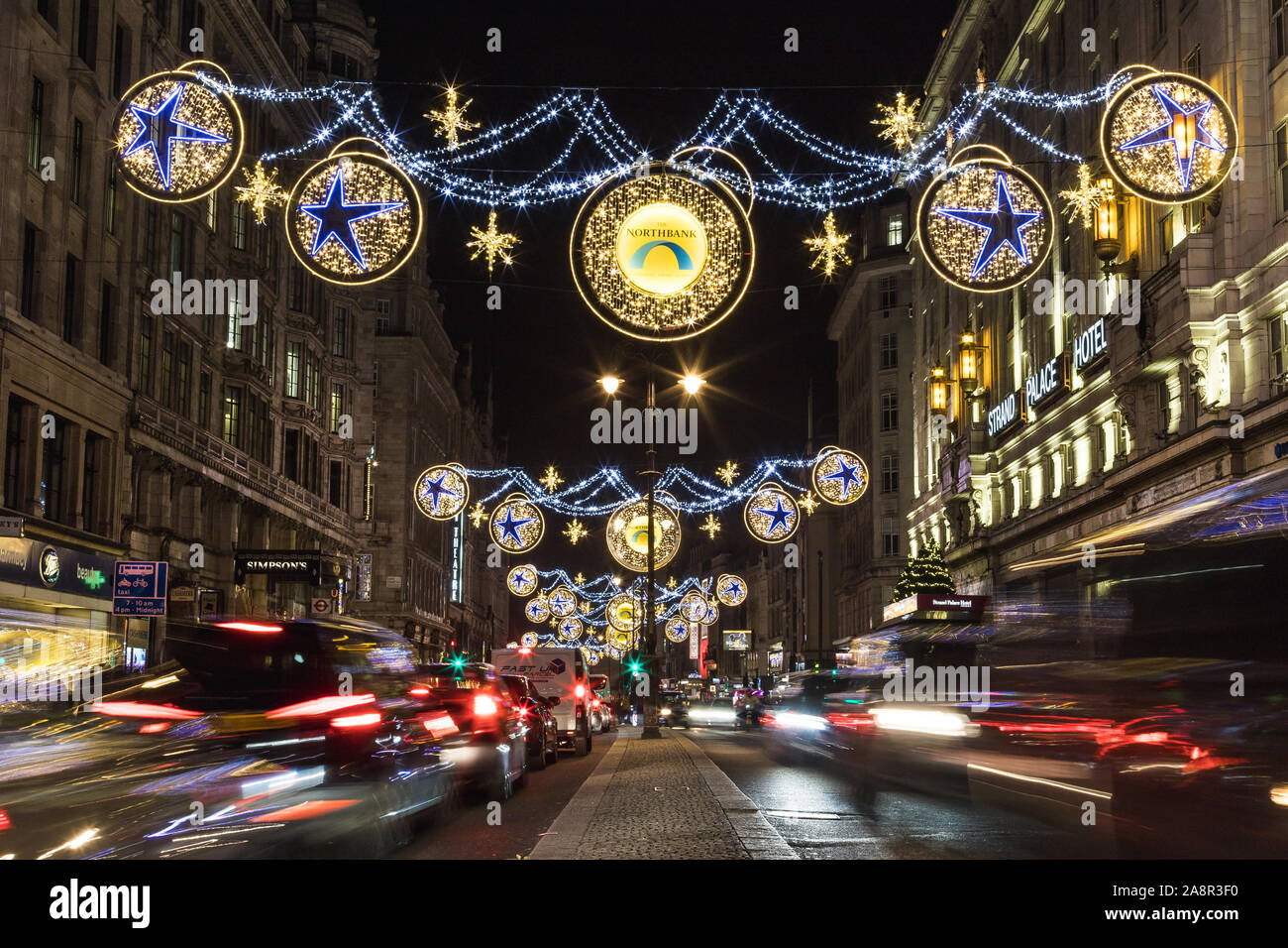 LONDON, UK - 17TH NOVEMBER 2018: A view along the Strand showing the Northbank Christmas decorations at night. Stock Photo