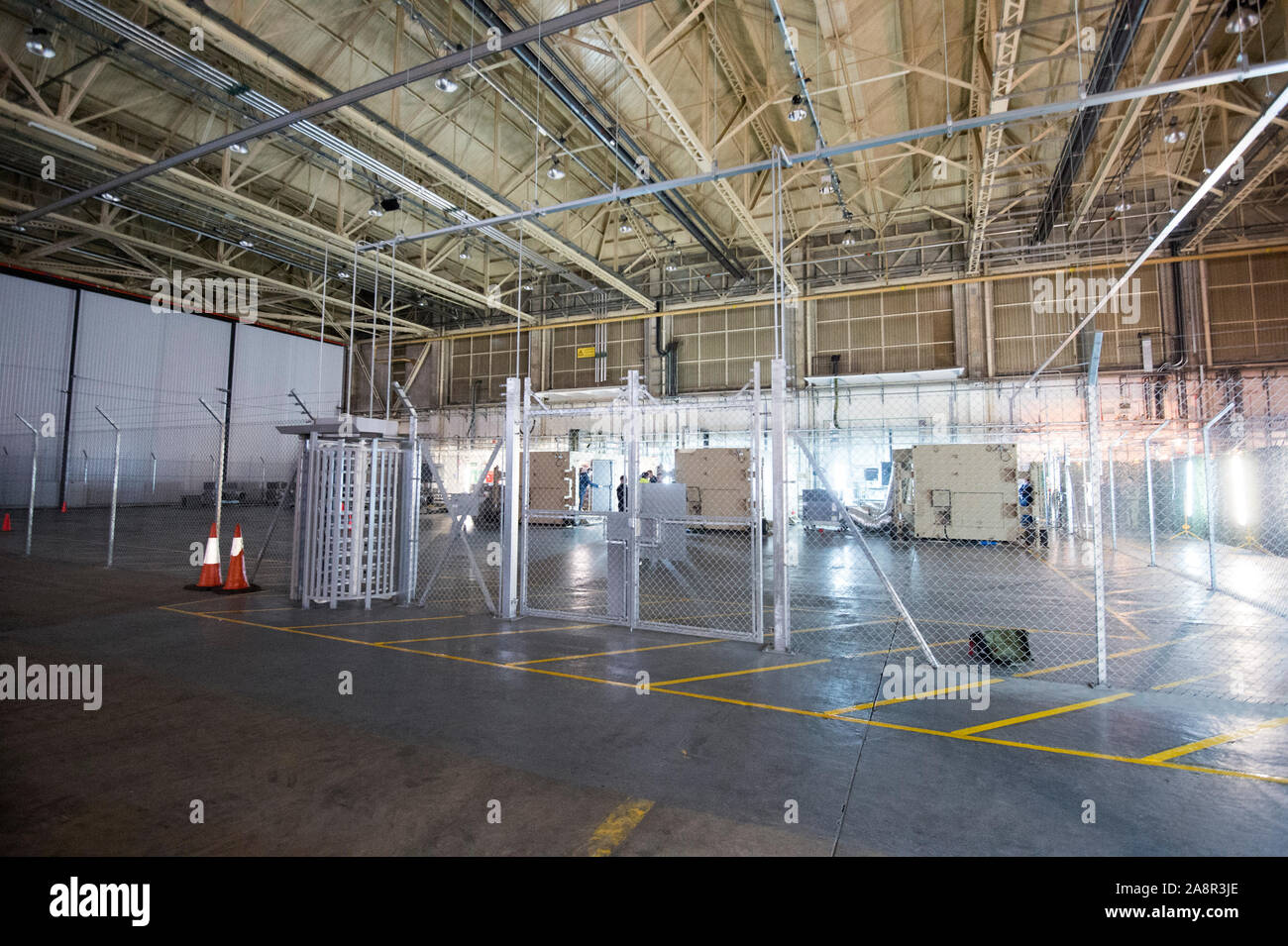 Pilots view in the high security Aircraft Hangar at RAF Waddington in Lincolnshire where Pilots seated behind banks of screens in an air-conditioned cabin,  use satellite links to control  unmanned 'Reaper' drone aircraft flying nearly constant armed reconnaissance missions over Iraq and Syria. November 2015 Stock Photo