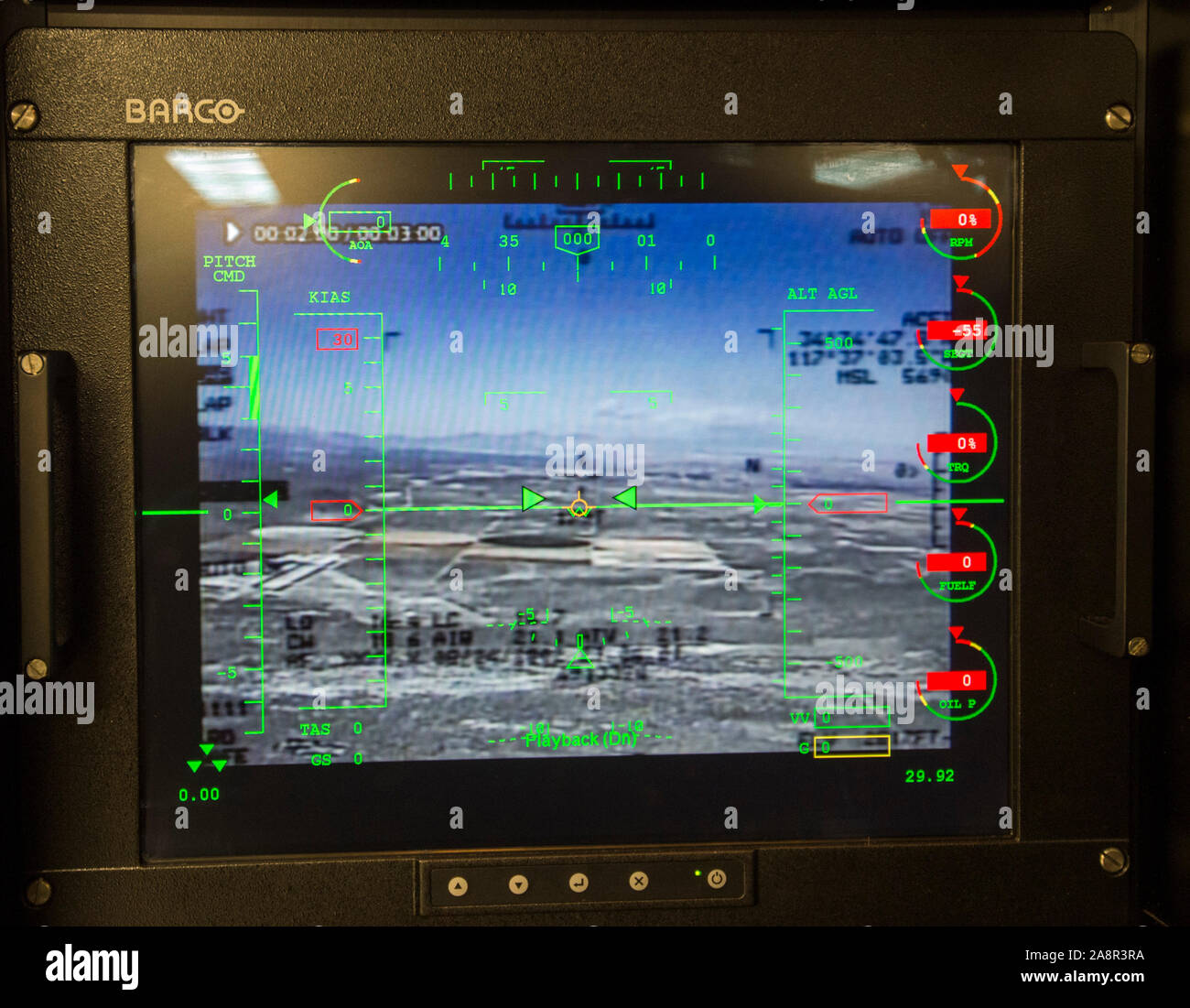 Pilots view in the high security Aircraft Hangar at RAF Waddington in Lincolnshire where Pilots seated behind banks of screens in an air-conditioned cabin,  use satellite links to control  unmanned 'Reaper' drone aircraft flying nearly constant armed reconnaissance missions over Iraq and Syria. November 2015 Stock Photo