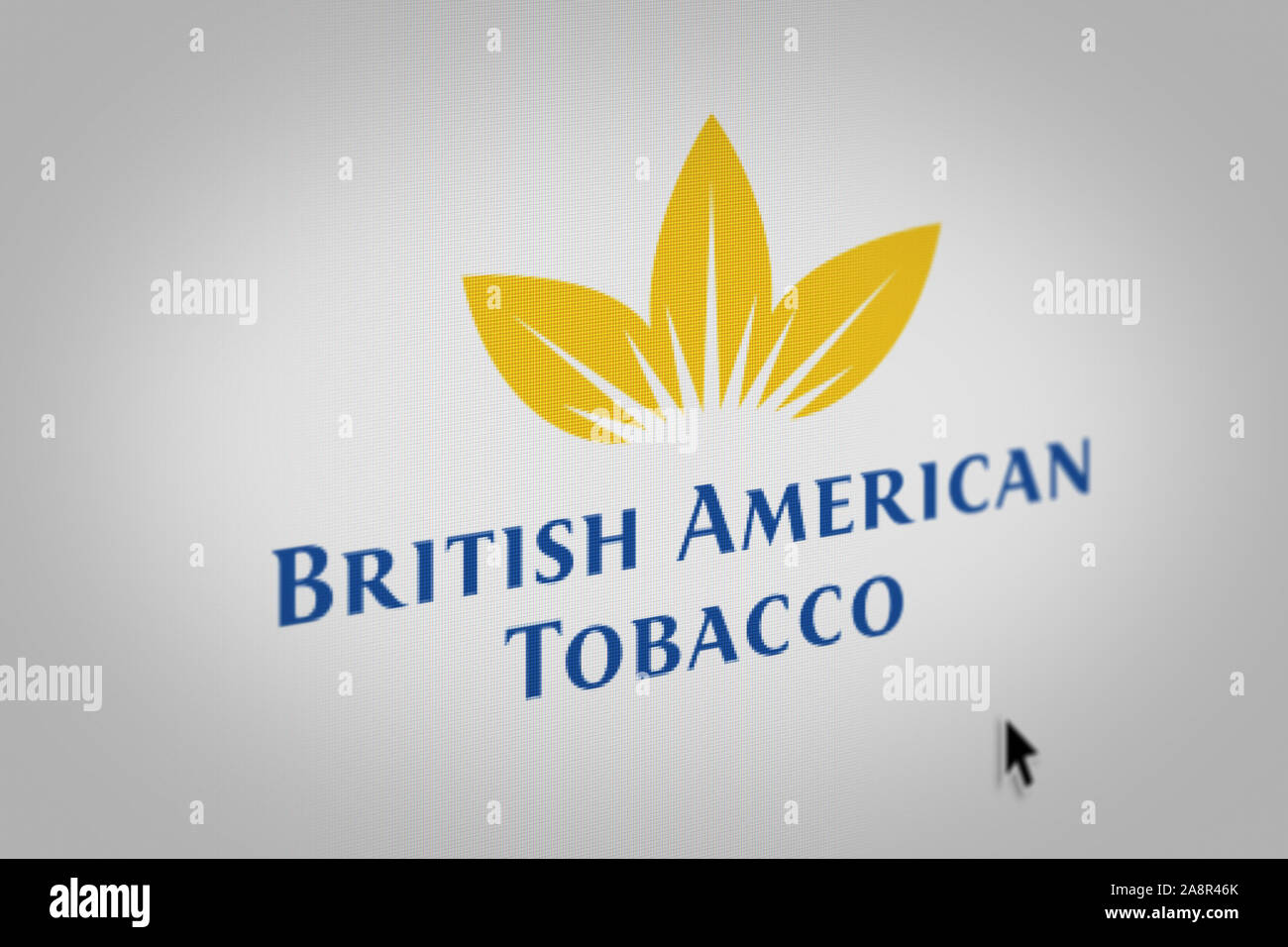 Logo of the public company British American Tobacco displayed on a computer screen in close-up. Credit: PIXDUCE Stock Photo
