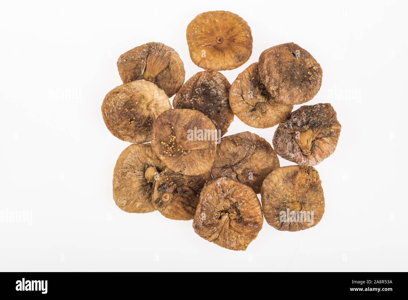 top view of delicious dried figs isolated on white Stock Photo