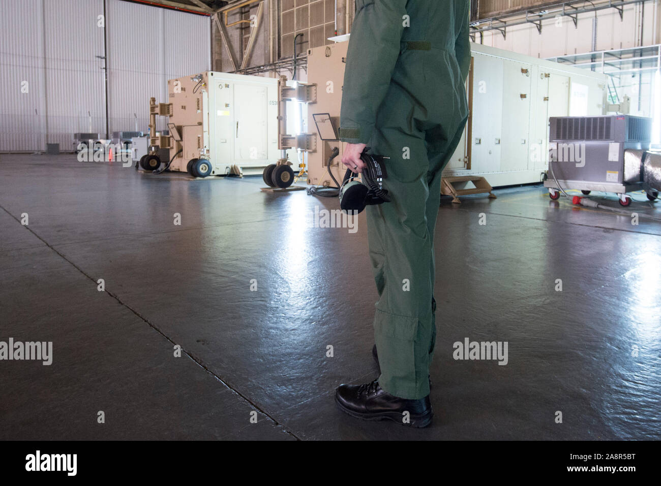 Pilots view in the high security Aircraft Hangar at RAF Waddington in Lincolnshire where Pilots seated behind banks of screens in an air-conditioned cabin,  use satellite links to control  unmanned 'Reaper' drone aircraft flying nearly constant armed reconnaissance missions over Iraq and Syria. November 2015 Stock Photo