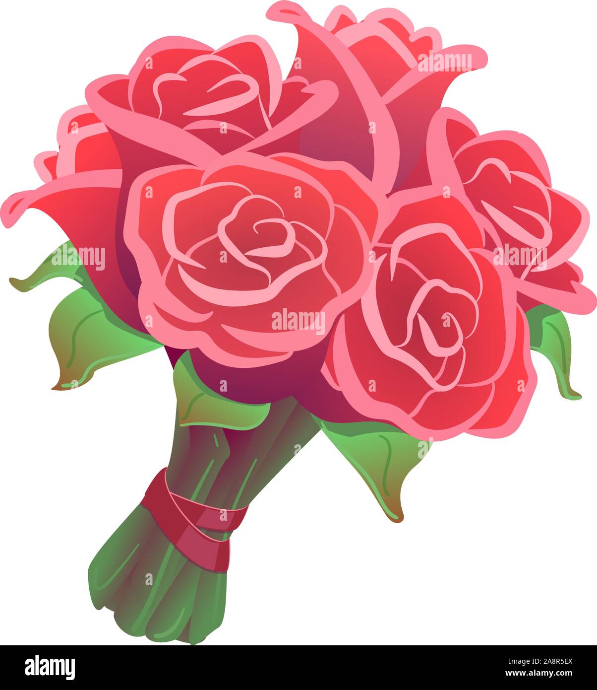 Rose bouquet on isolated white background. Flowers clipart for date, celebration, valentines day. Romantic Wedding gift illustration. Pink, rosy bunch with red ribbon. Closeup Floral drawing vector. Stock Vector