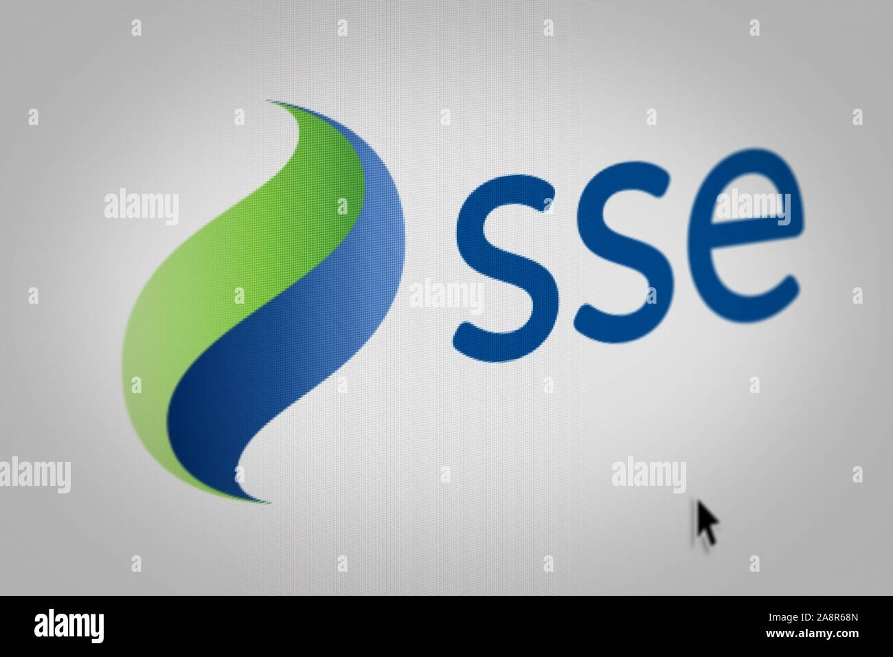 Logo of the public company SSE plc displayed on a computer screen in close-up. Credit: PIXDUCE Stock Photo
