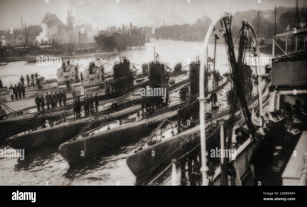 German submarines moored in Kiel after the war. It was there that the Kiel Mutiny was triggered by secret German Navy plans to launch a final suicide attack upon the British Royal Navy as the war reached its conclusion at the end of October 1918. The mutiny eventually spread across Germany and ended in revolution it was initiated by sailors attached to the High Seas Fleet. Stock Photo