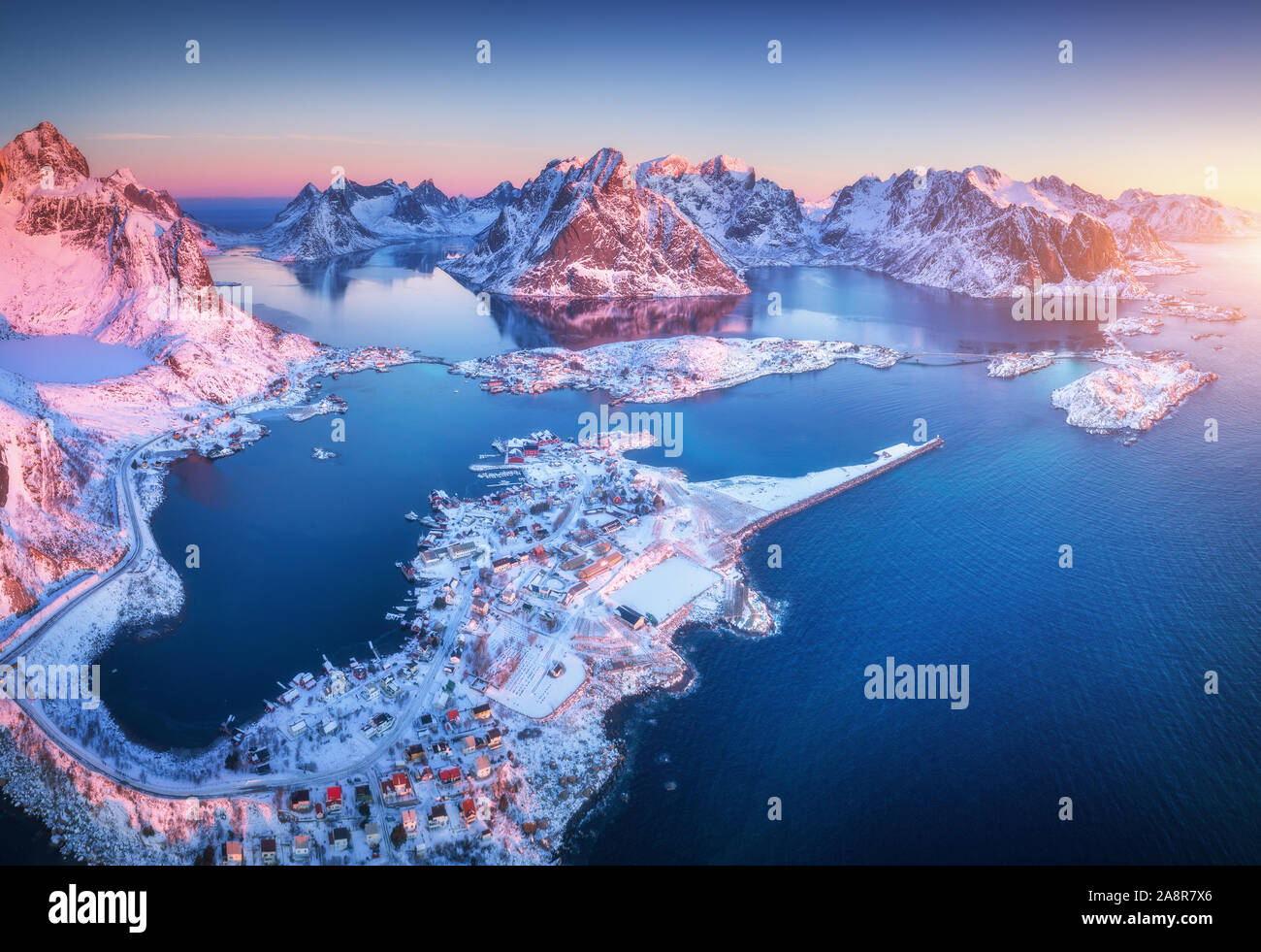 Aerial view of Reine at sunrise in winter in Norway. Top view Stock Photo