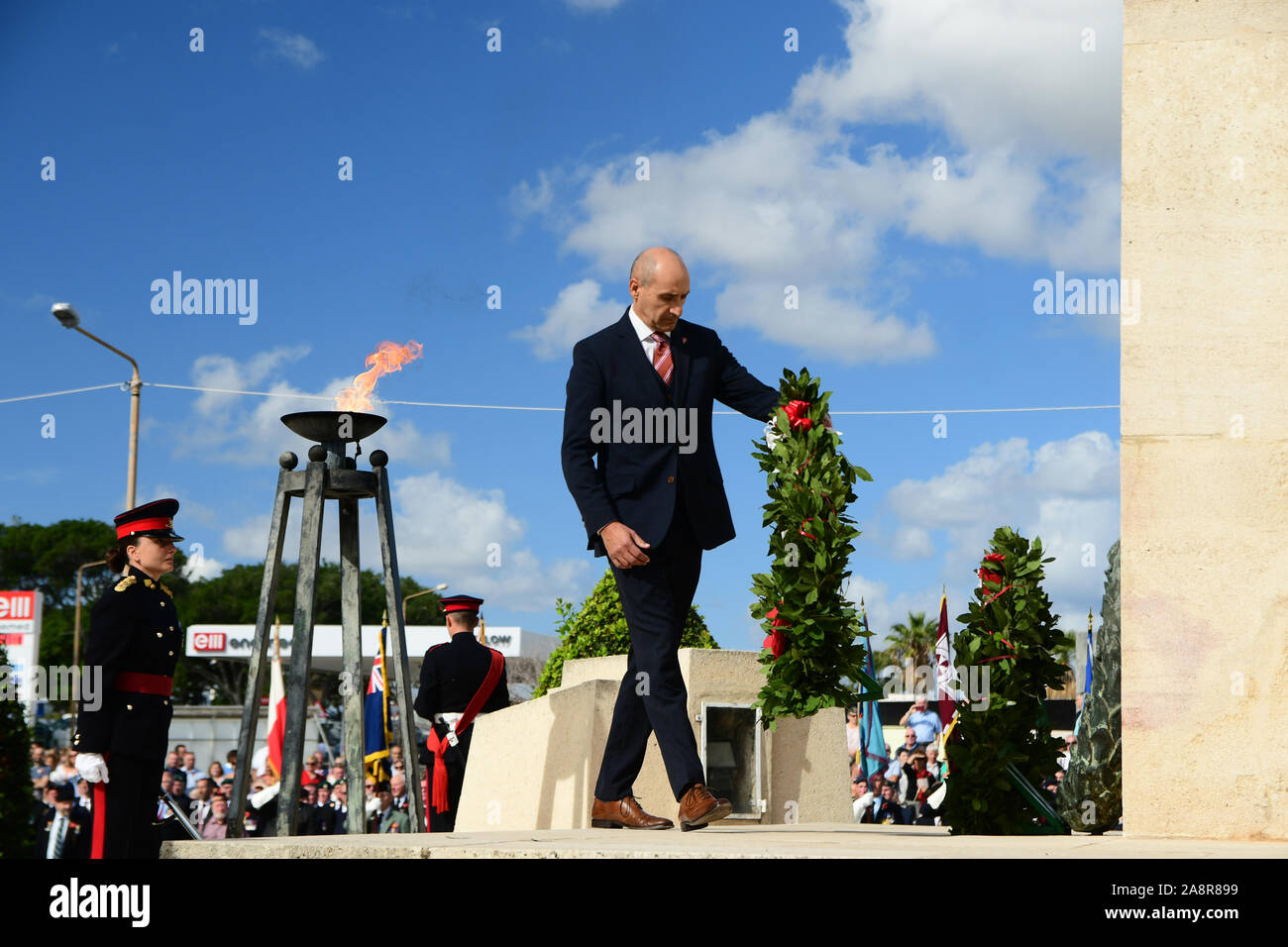 (191110) -- FLORIANA (MALTA), Nov. 10, 2019 (Xinhua) -- Malta's Deputy Prime Minister Chris Fearne lays a wreath to salute the war dead in Floriana, Malta, on Nov. 10, 2019. Malta marked Remembrance Day to salute the war dead on Sunday. (Photo by Jonathan Borg/Xinhua) Stock Photo