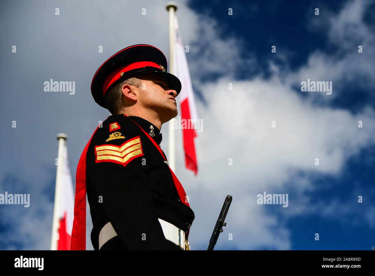 (191110) -- FLORIANA (MALTA), Nov. 10, 2019 (Xinhua) -- A soldier is seen during the Remembrance Day ceremony at the War Memorial in Floriana, Malta, on Nov. 10, 2019. Malta marked Remembrance Day to salute the war dead on Sunday. (Photo by Jonathan Borg/Xinhua) Stock Photo