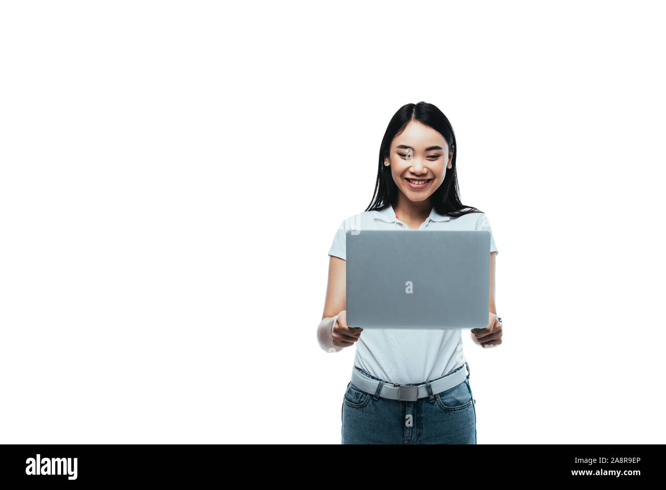 happy asian girl using laptop isolated on white Stock Photo - Alamy