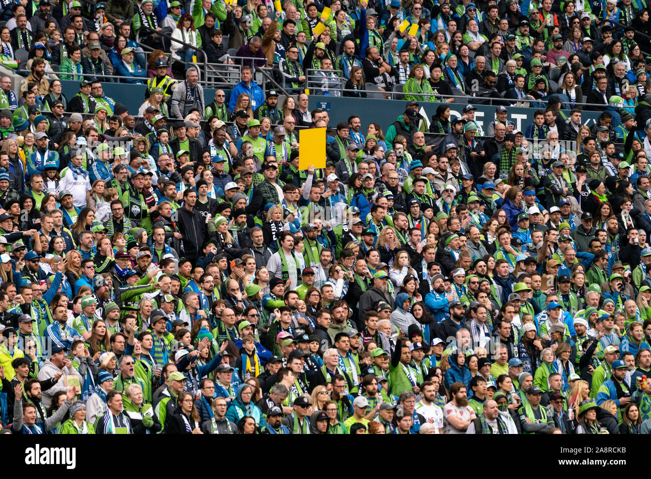 Seattle, USA. 10th Nov, 2019. One of the Seattle Sounders fans looks to coerce the referee into producing a yellow card. Credit: Ben Nichols/Alamy Live News Stock Photo