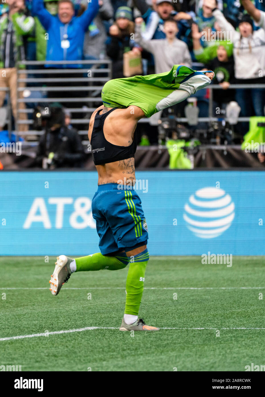 Seattle, USA. 10th Nov, 2019. Raul Ruidiaz (9) celebrates after scoring Seattle's third goal of the game in 90th minute as the Sounders cruised past Toronto to win the MLS Cup. Credit: Ben Nichols/Alamy Live News Stock Photo