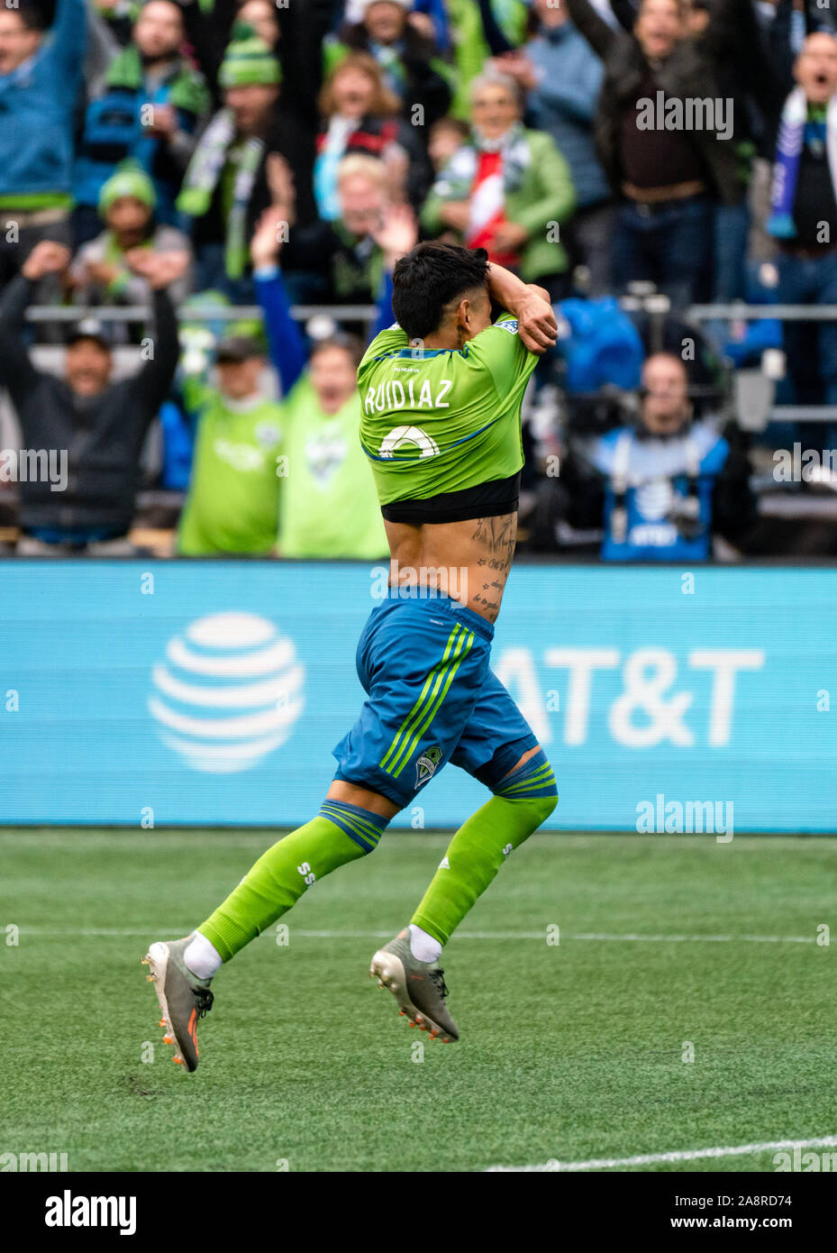 Seattle, USA. 10th Nov, 2019. Raul Ruidiaz (9) celebrates after scoring Seattle's third goal of the game in 90th minute as the Sounders cruised past Toronto to win the MLS Cup. Credit: Ben Nichols/Alamy Live News Stock Photo