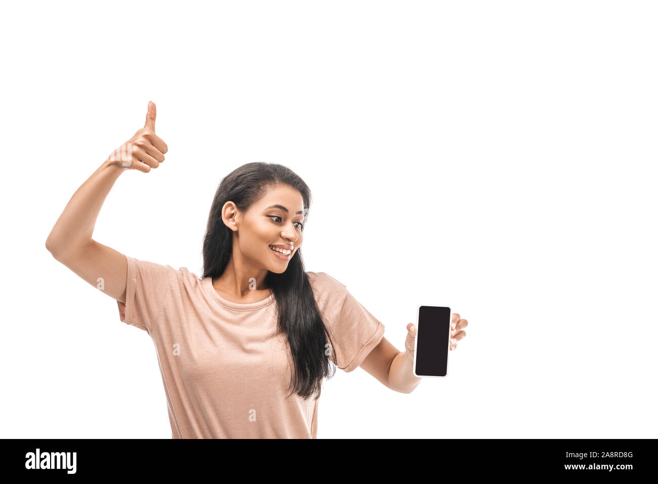 happy african american woman holding smartphone with blank screen and ...
