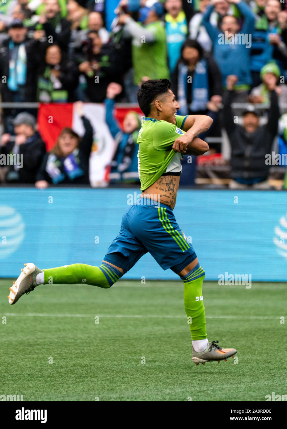 Seattle, USA. 10th Nov, 2019. Raul Ruidiaz (9) celebrates after scoring Seattle's third goal of the game in 90th minute as the Sounders cruised past Toronto to win the MLS Cup. Credit: Ben Nichols/Alamy Live News Stock Photo