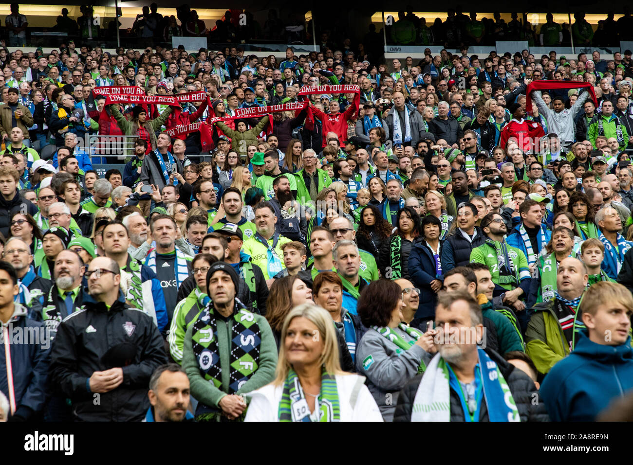 Seattle, USA. 10th Nov, 2019. A few brave Toronto FC fans stand out in the Seattle crowd. Credit: Ben Nichols/Alamy Live News Stock Photo