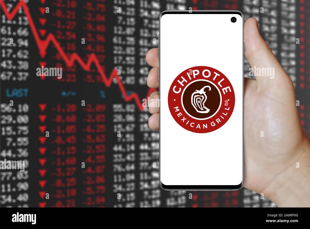 Logo of public company Chipotle Mexican Grill displayed on a smartphone.  Negative stock market background. Credit: PIXDUCE Stock Photo - Alamy, image size:1300x960