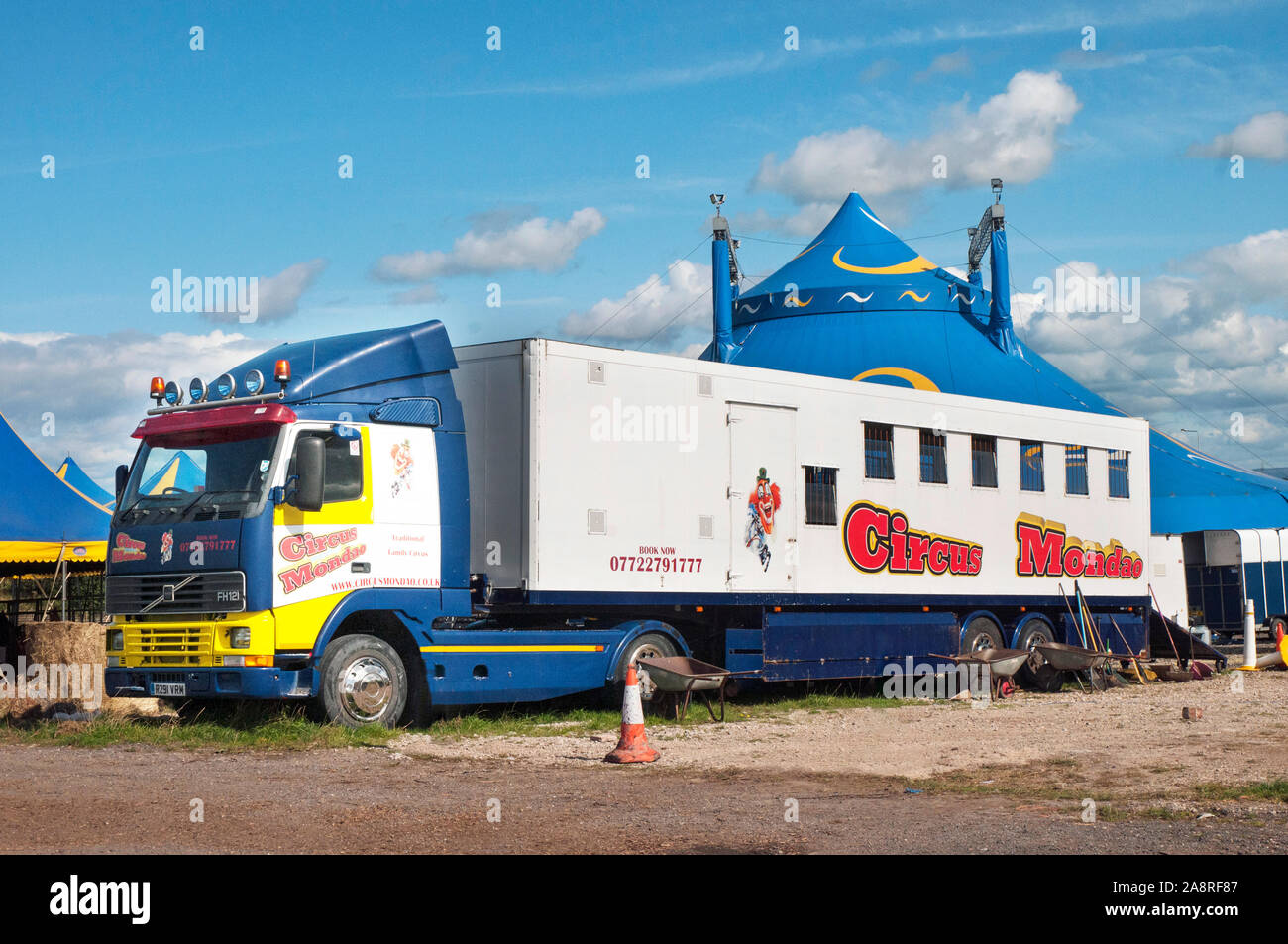 Circus Mondao Articulated lorry for transport of circus animals. Wagon parked by Big Top ready for loading. Stock Photo
