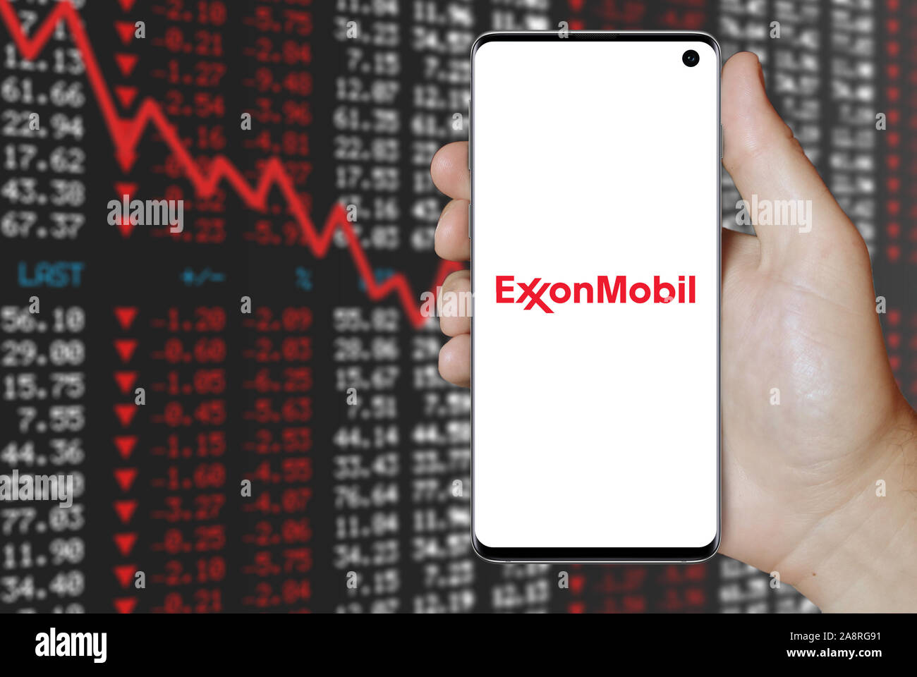 Logo of public company Exxon Mobil Corp. displayed on a smartphone.  Negative stock market background. Credit: PIXDUCE Stock Photo - Alamy