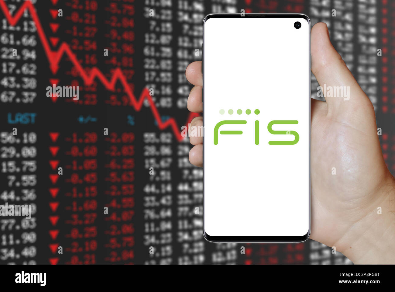 Logo of public company Fidelity National Information Services displayed on a smartphone. Negative stock market background. Credit: PIXDUCE Stock Photo