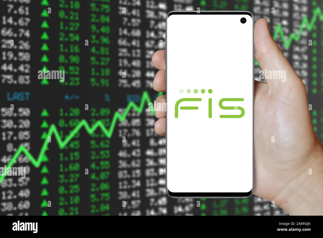 Logo of public company Fidelity National Information Services displayed on a smartphone. Positive stock market background. Credit: PIXDUCE Stock Photo