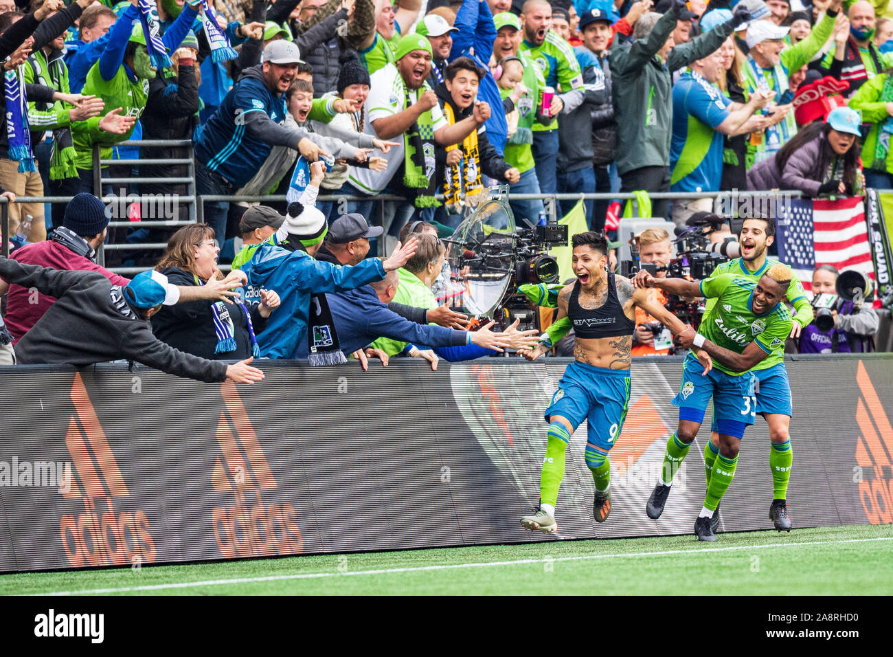 Seattle Sounders forward Raul Ruidiaz (9) after a goal during the MLS Cup Championship game between the Seattle Sounders and Toronto FC at CenturyLink Field on Sunday November 10, 2019 in Seattle, WA. Jacob Kupferman/CSM Stock Photo