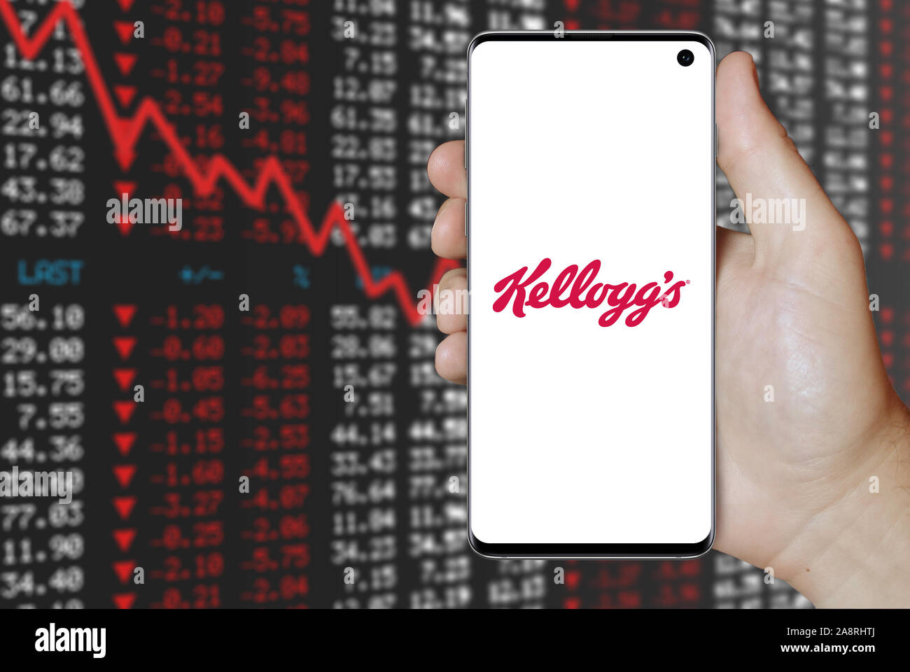 Logo of public company Kellogg Co. displayed on a smartphone. Negative stock market background. Credit: PIXDUCE Stock Photo