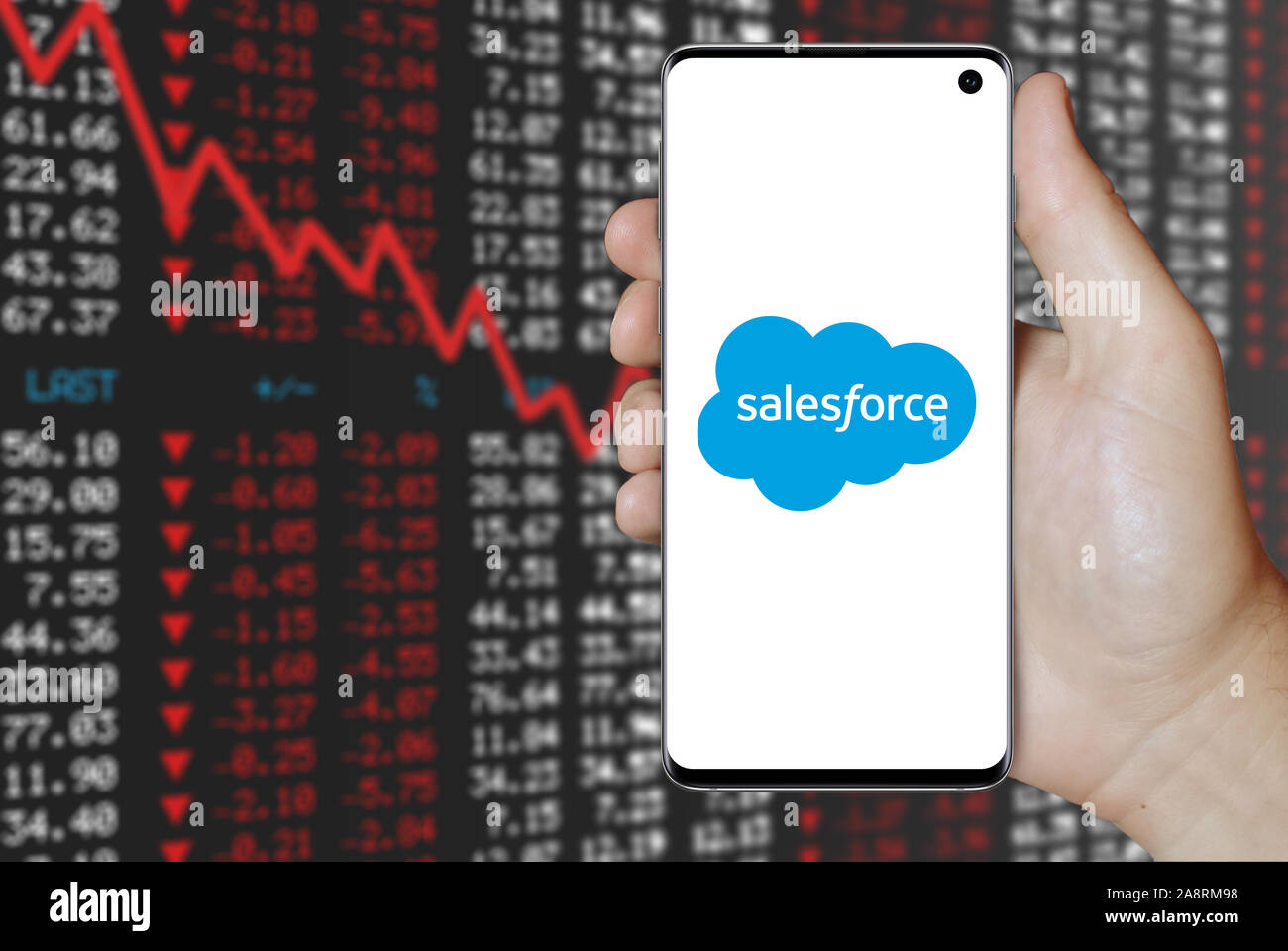 Logo of public company Salesforce displayed on a smartphone. Negative stock market background. Credit: PIXDUCE Stock Photo