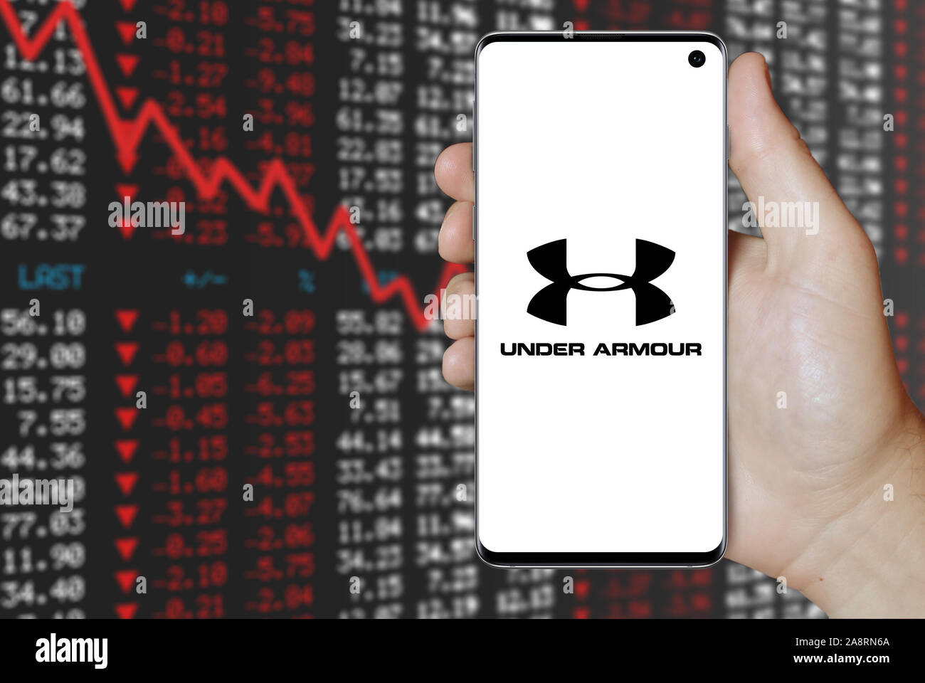 Logo of public company Under Armour displayed on a smartphone. Negative  stock market background. Credit: PIXDUCE Stock Photo - Alamy