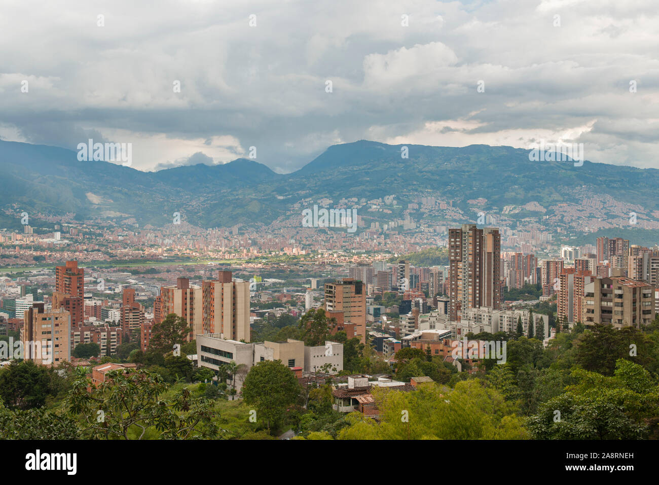View of Poblado district (comuna 14) looking towards comunas 15 & 16 and taken from the Tesoro Shopping Centre. Stock Photo