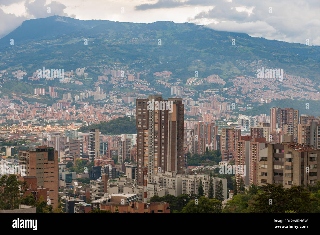 View of Poblado district (comuna 14) looking towards comunas 15 & 16 and taken from the Tesoro Shopping Centre. Stock Photo
