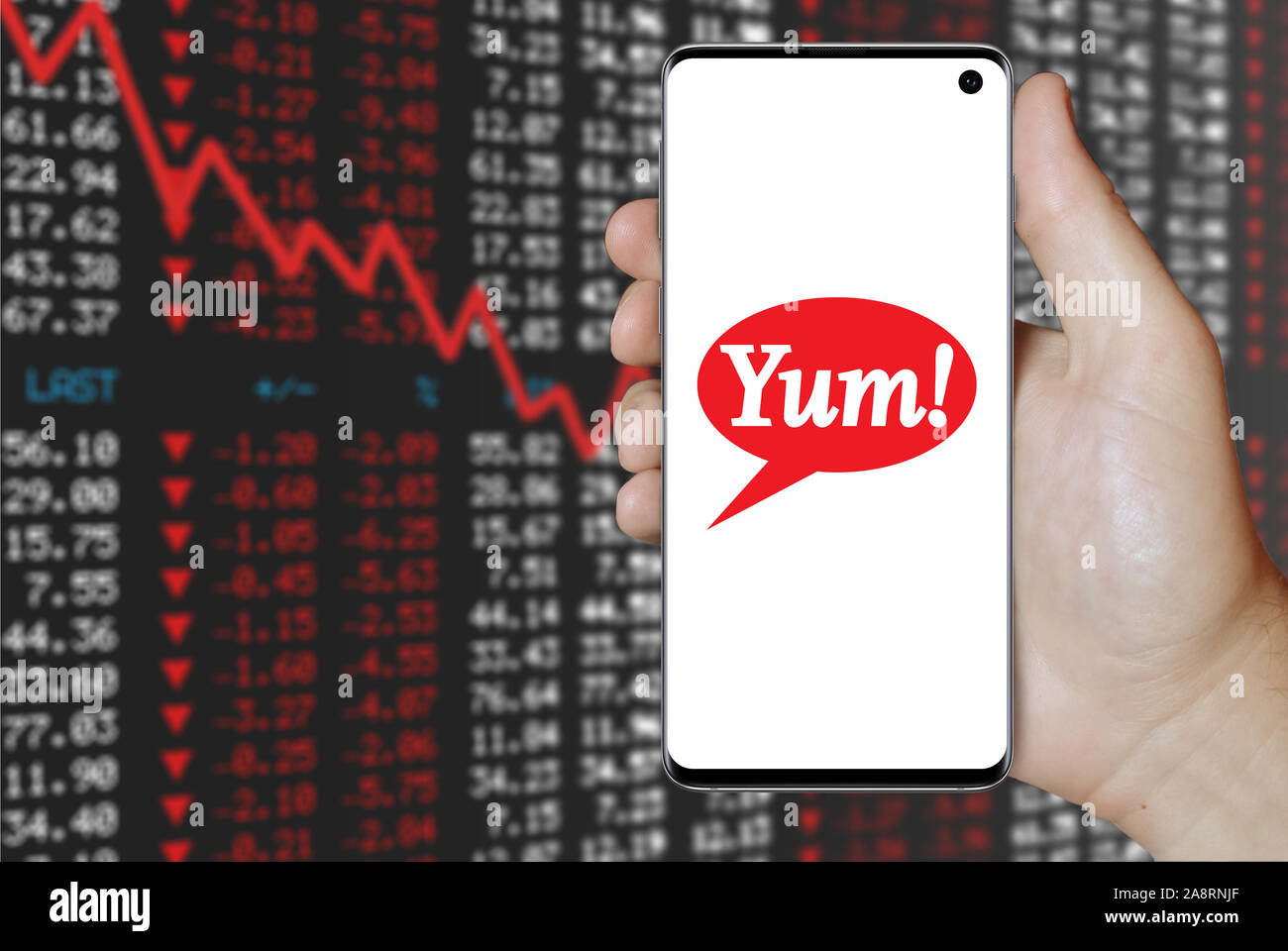 Logo of public company Yum! Brands Inc displayed on a smartphone. Negative stock market background. Credit: PIXDUCE Stock Photo