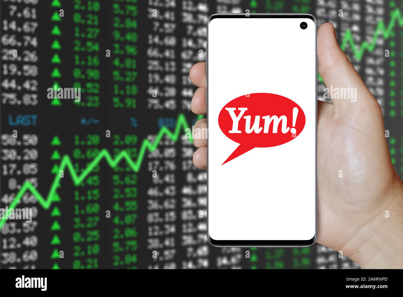 Logo of public company Yum! Brands Inc displayed on a smartphone. Positive stock market background. Credit: PIXDUCE Stock Photo
