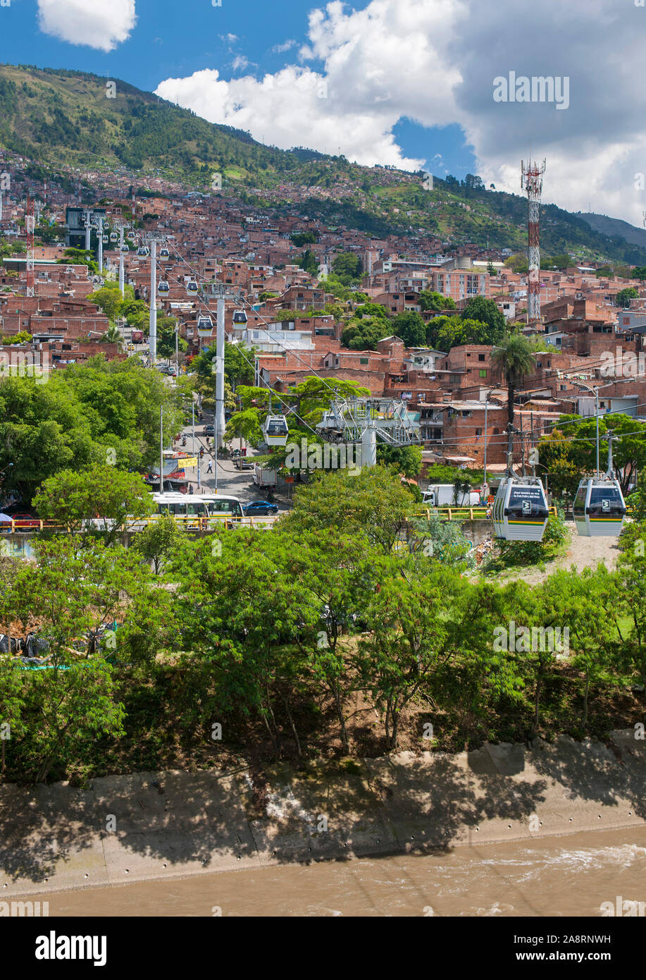 View of the Santo Domingo “Metrocable” cable-way from Azeveda metro station in Medellin, Colombia. Stock Photo