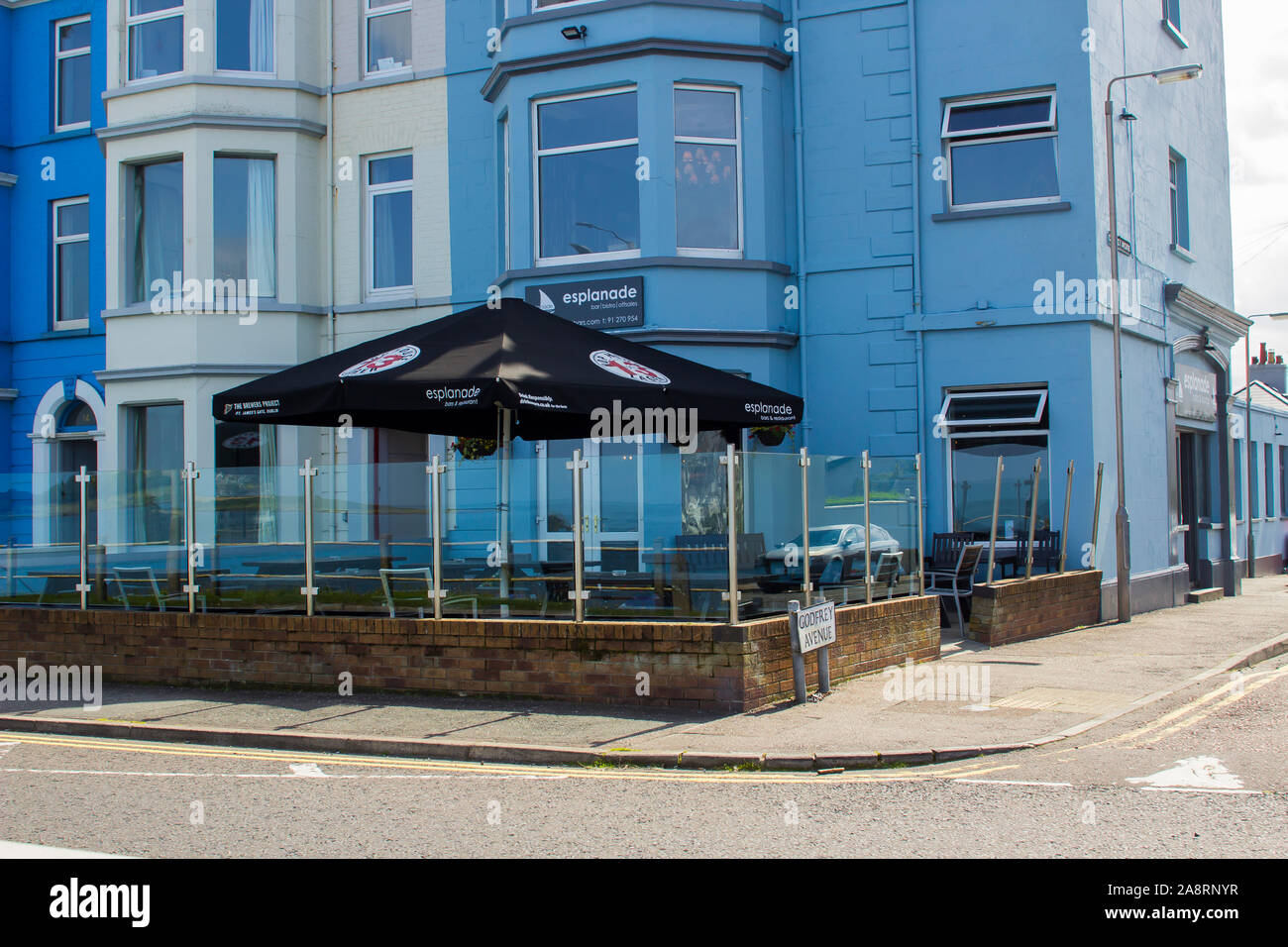 20 August 2019 The frontage of the Esplanade Bar with a large canvas canopy for outdoor dining in Ballyholme Bangor Northern Ireland Stock Photo