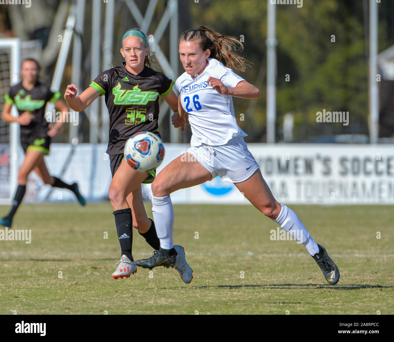 Memphis, TN, USA. 10th Nov, 2019. South Florida forward, Sydny Nasello (35) and Memphis defender, Stasia Mallin (26), work for ball control during the NCAA Women's Soccer Championship match between the University of South Florida Bulls and the University of Memphis Tigers at The University of Memphis in Memphis, TN. Kevin Langley/Sports South Media/CSM/Alamy Live News Stock Photo
