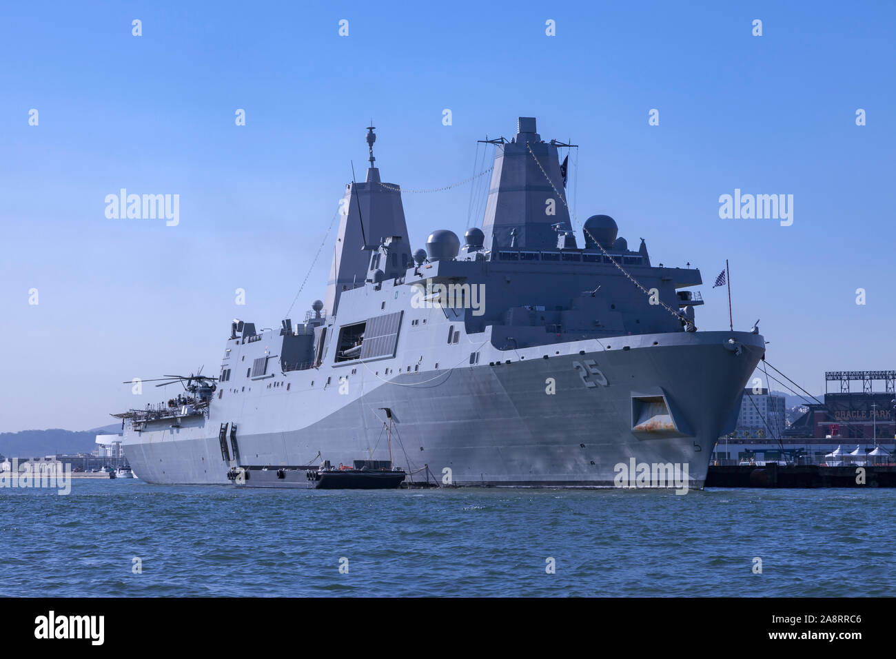 San Antonio-class amphibious transport dock USS Somerset (LPD-25) docked along the San Francisco waterfront the 2019 San Francisco Fleet Week. The Som Stock Photo