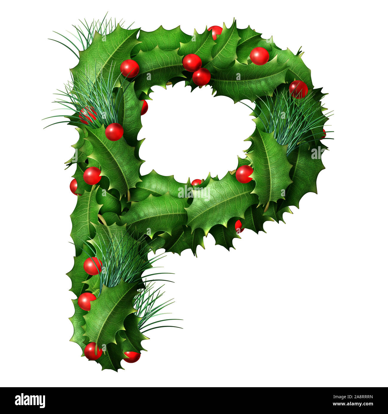 Holiday font letter P as a festive winter season decorated garland as a Christmas  or New Year seasonal alphabet lettering isolated on a white. Stock Photo