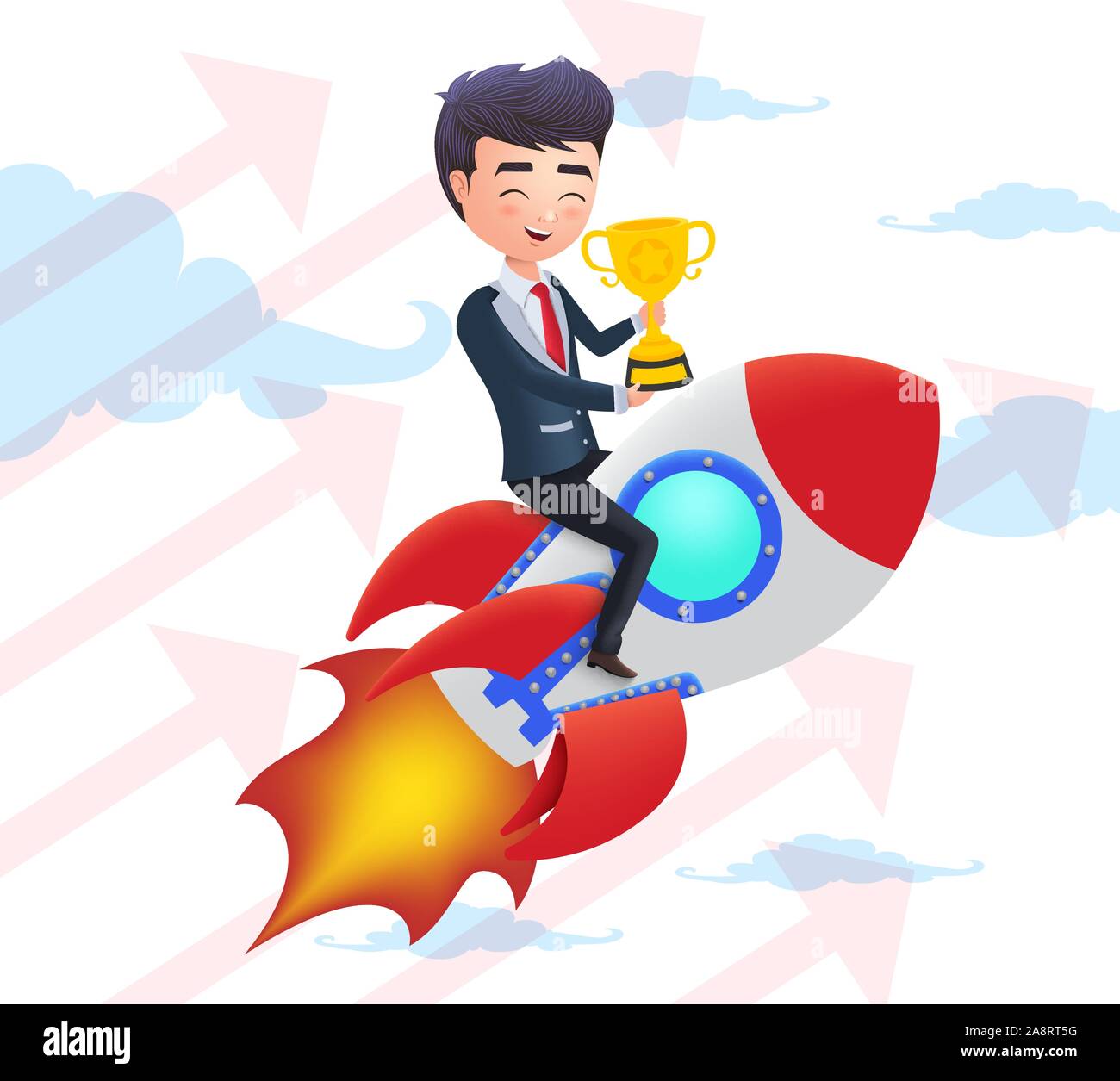 Business character achievement vector concept. Business man riding a rocket and holding golden cup trophy flying in the sky. Vector illustration. Stock Vector