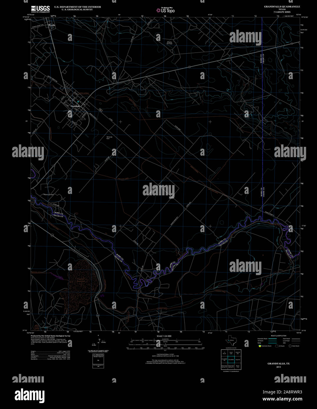 USGS TOPO Map Texas TX Grandfalls 20130103 TM Inverted Restoration Stock Photo