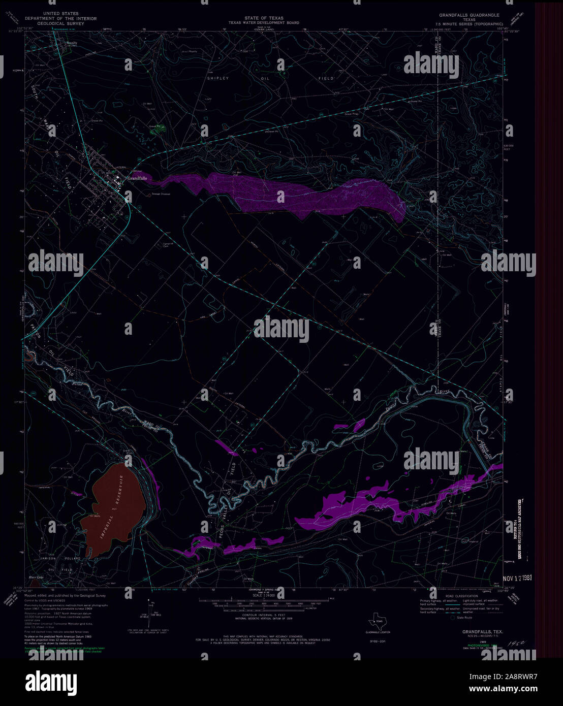 USGS TOPO Map Texas TX Grandfalls 108572 1969 24000 Inverted Restoration Stock Photo