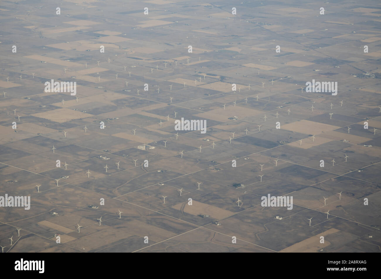 An aerial view of a windfarm and fields in Illinois Stock Photo