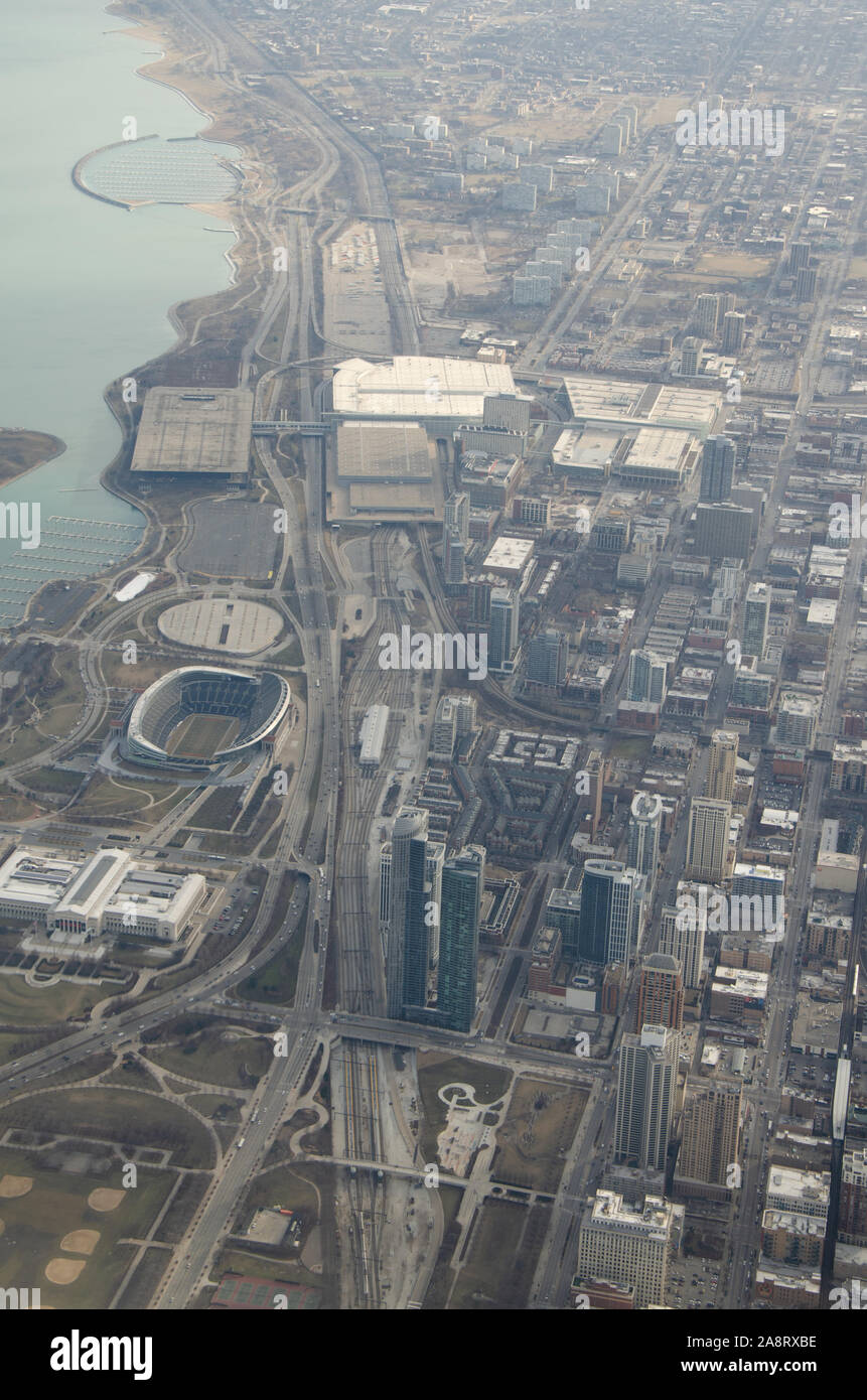 An aerial view of downtown Chicago Loop including skyscrapers, Soldier Field, and the Field Museum Stock Photo