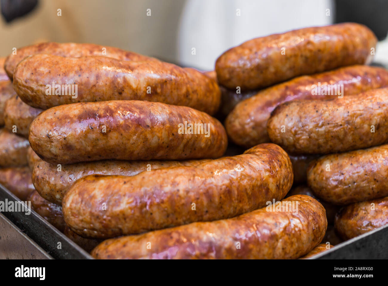 Barbecue chorizo sausages, Argentina staple food, at a street food