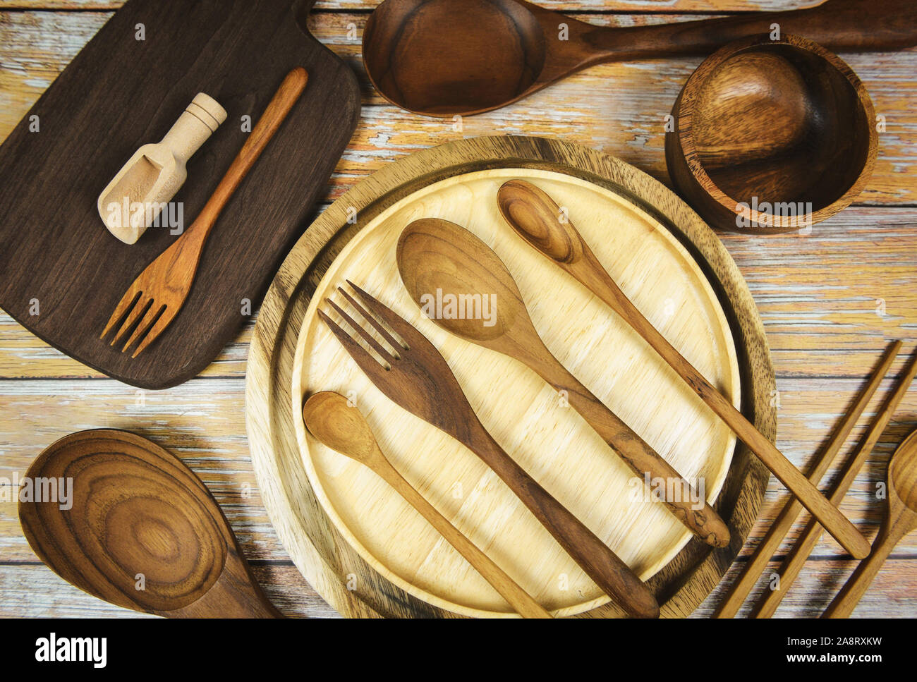Natural Kitchen Tools Wood Products Kitchen Utensils Background With Spoon Fork Chopsticks Bowl Plate Cutting Board Object Top View On The Table U Stock Photo Alamy