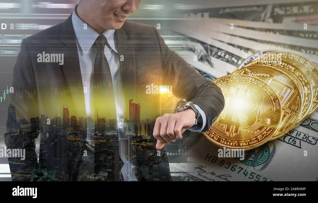 Double exposure of businessman using the tablet with Bitcoin exchange of  trading screen on Closeup Bitcoins mockup on the money paper bank of  various Stock Photo - Alamy