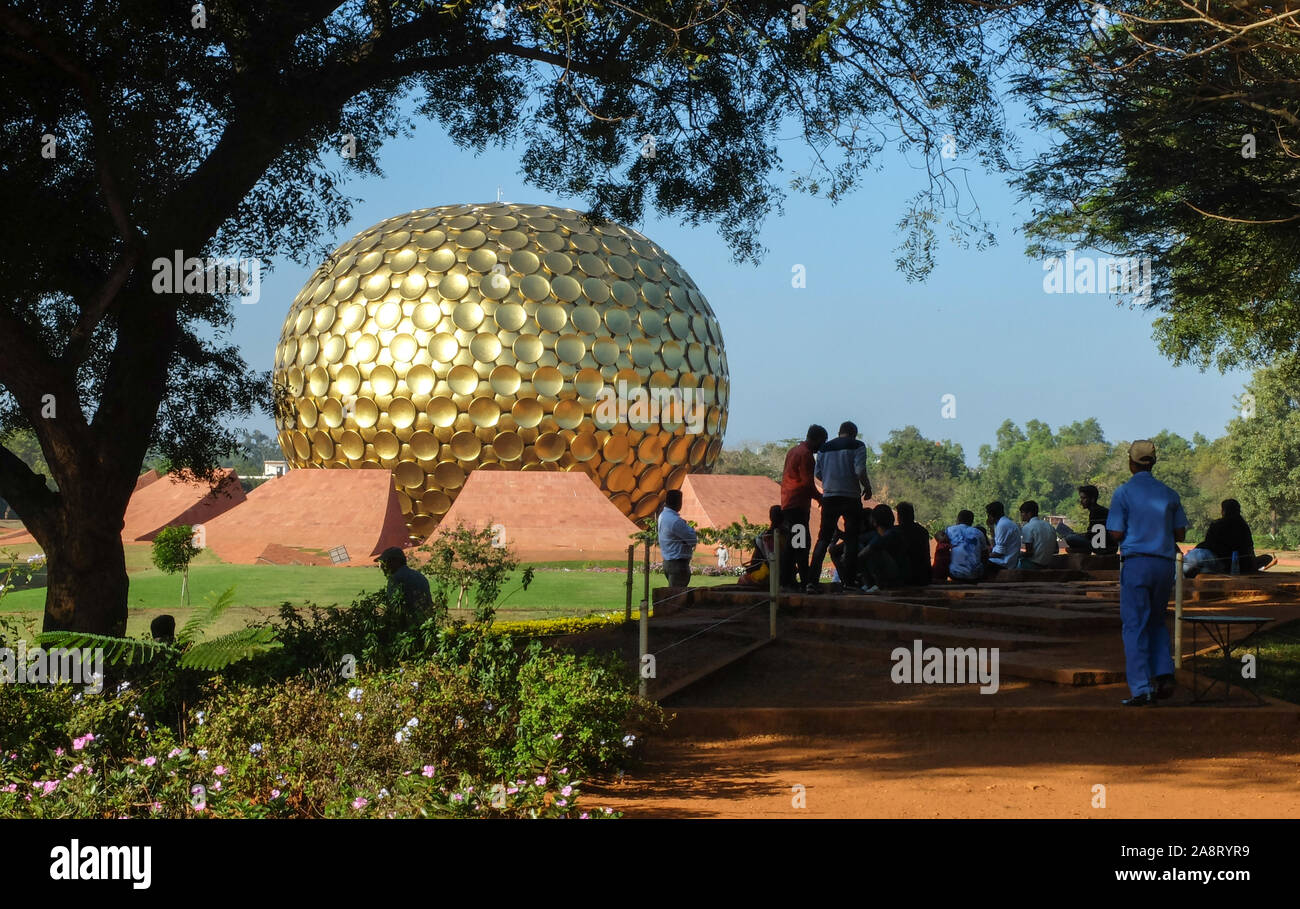 The Matrimandir or Mother Temple, stands as the spiritual center,established by The Mother of the Sri Aurobindo Ashram in 1971. Stock Photo